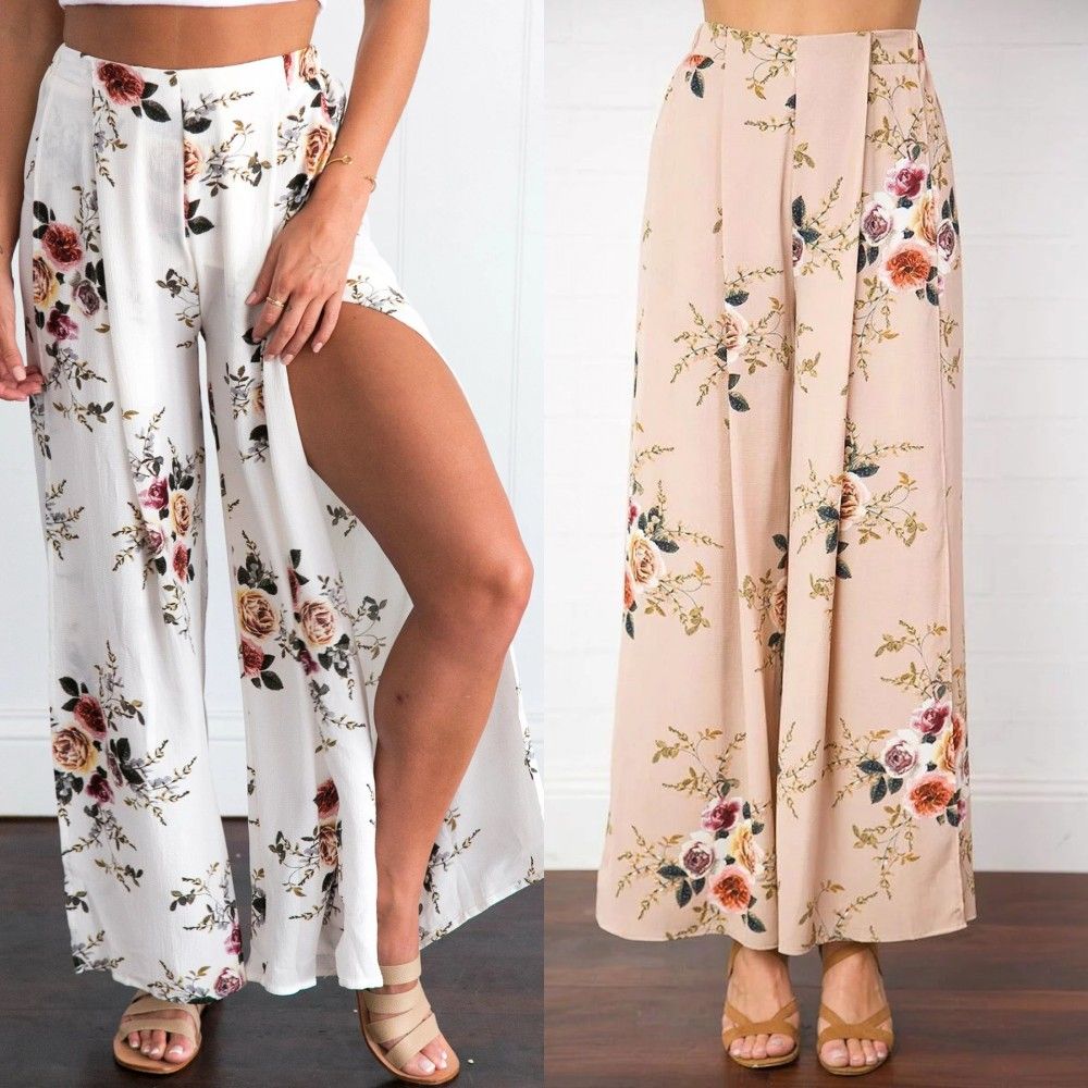 2018 Sexy Side Split Wide Leg Pants Women Summer Boho Print Chiffon Trousers Beach Pantalon Femme High Waist Floral Loose From Style Dress 2018 Sexy Side Split Wide Leg Pants Women Summer Boho Print Chiffon Trousers Beach Pantalon Femme High Waist Floral Loose From Style Dress