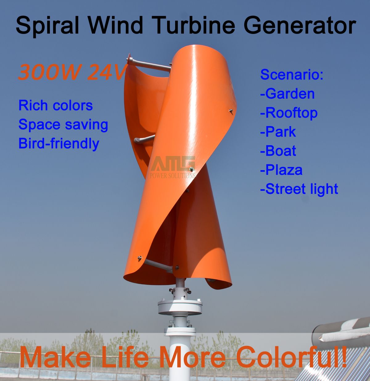 AMG 300W 24V Vertical Axis Spiral Wind Turbine Generator For Garden