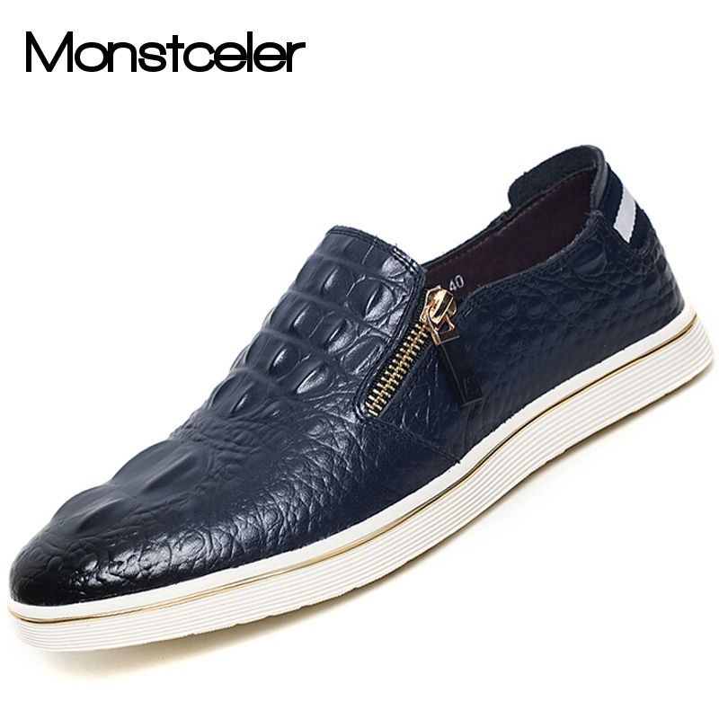 Genuine Cowhide Leather Men'S Casual Shoes Autumn Fashion Crocodile Grain Zipper Flats Genuine Cowhide Leather Men'S Casual Shoes Autumn Fashion Crocodile Grain Zipper Flats