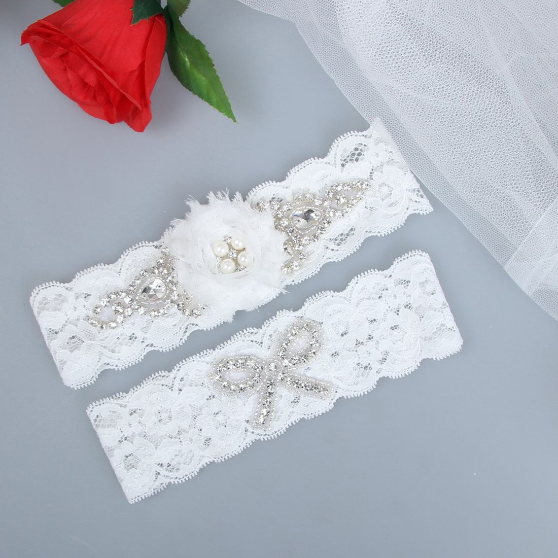 White Lace Flowers Crystals Bridal Garters For Bride Lace Wedding