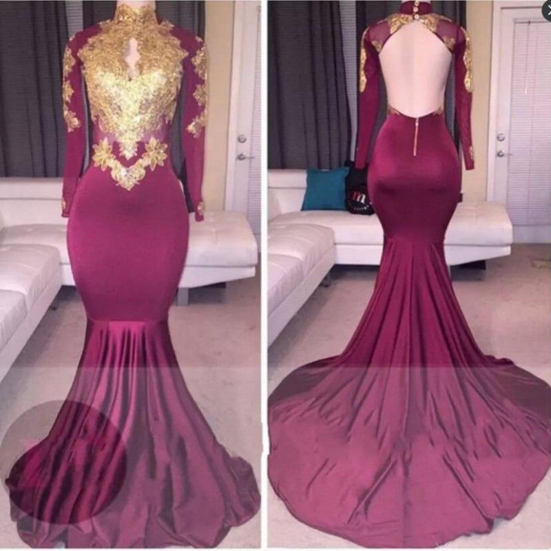 burgundy and gold mermaid prom dress