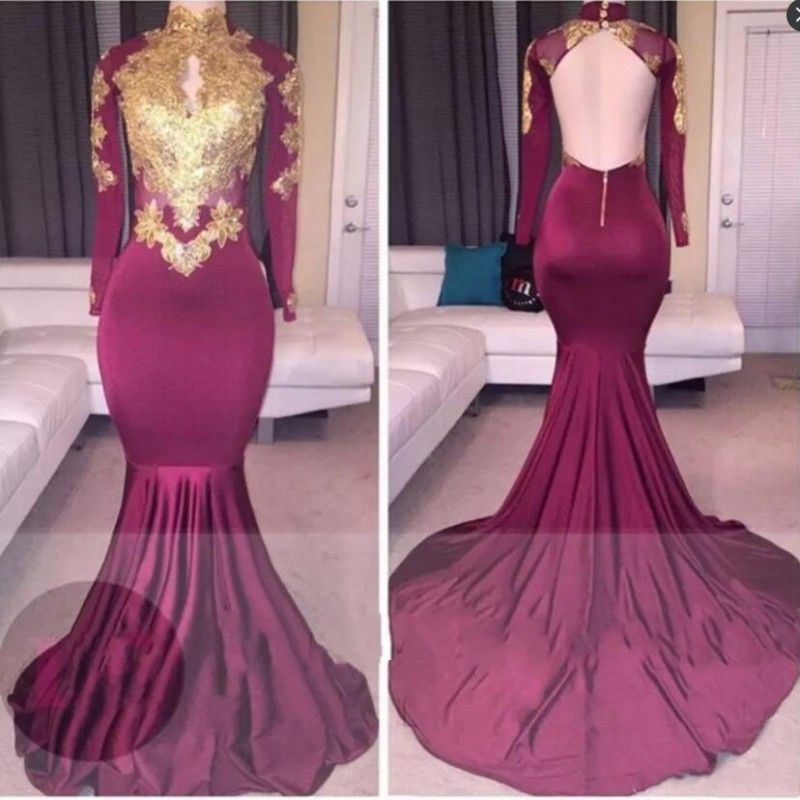 burgundy and gold mermaid prom dress