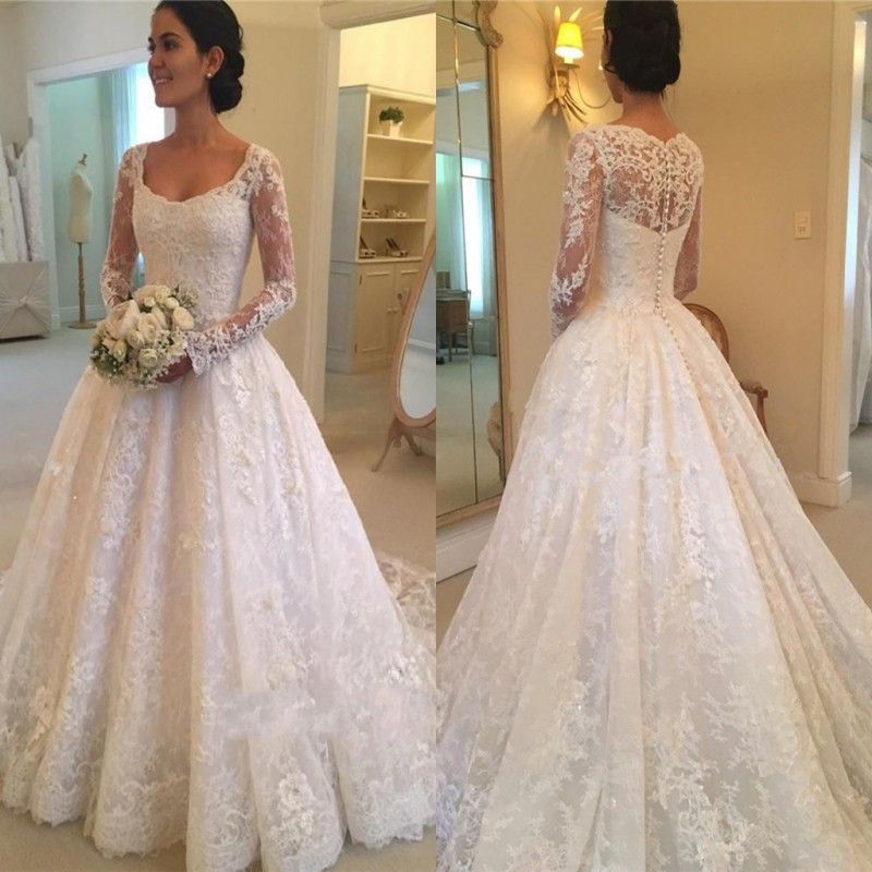 Discount Vintage Long Sleeves Wedding Dresses With Scoop Illusion A ...