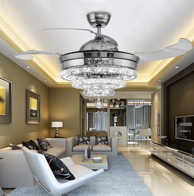 2018 Modern 3 Rings Led Invisible Retractable Crystal Fan Light ... 2018 Modern 3 Rings Led Invisible Retractable Crystal Fan Light ...