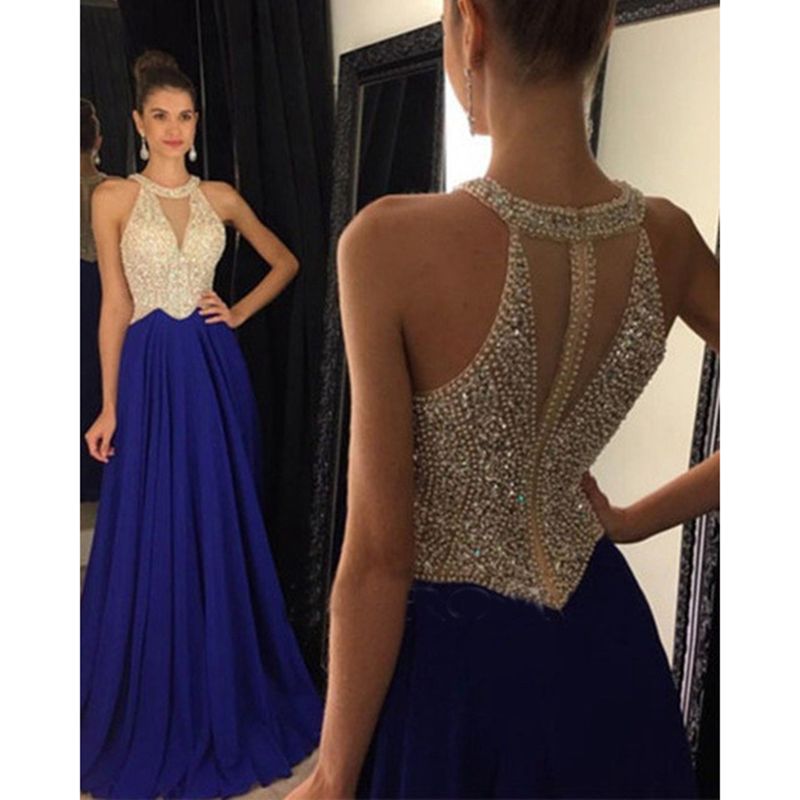 Compra 2017 Nuevo Azul Marino Rojo Halter Vestidos De Baile Impresionante  Rebordear Sexy Sheer Corset Royal Backless Vestido De Noche Largo Barato |  Entrega Rápida Y Calidad | Es.Dhgate