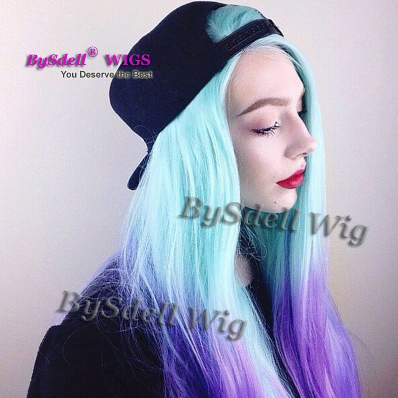 Light Blue Green Ombre Light Purple Two Tone Color None Lace Wig