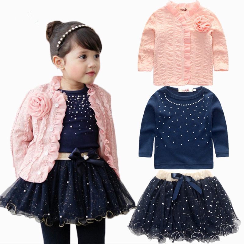 Wholesale New Kids Outfits Baby Girls Clothing Sets Coat+Tshirt+Skirt