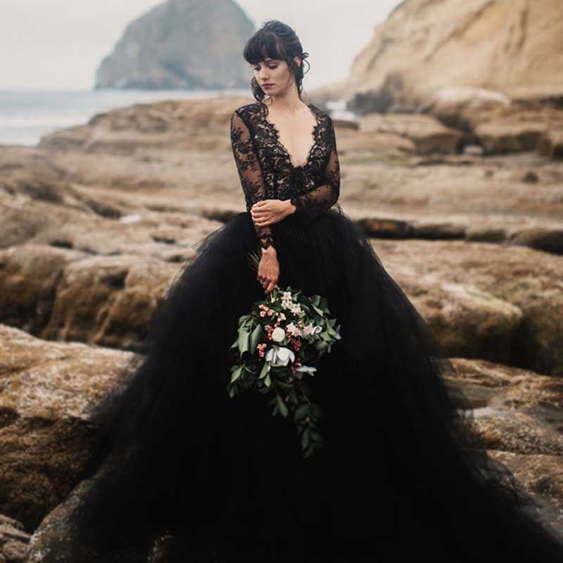 Discount Sexy 2019 Beach  Black  Wedding  Dress  Deep V Neck 