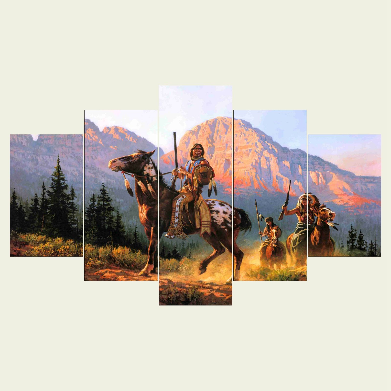No Frame The Hunting Indians Series Hd Canvas Print 5 Panel Wall