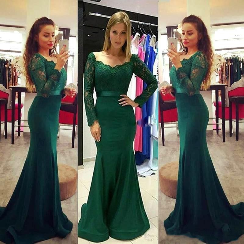 Hunter Green Sheer Neck Long Sleeve Evening Dresses 2017 Lace Top