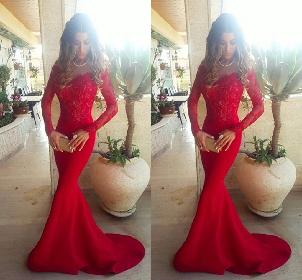 red lace off the shoulder prom dress