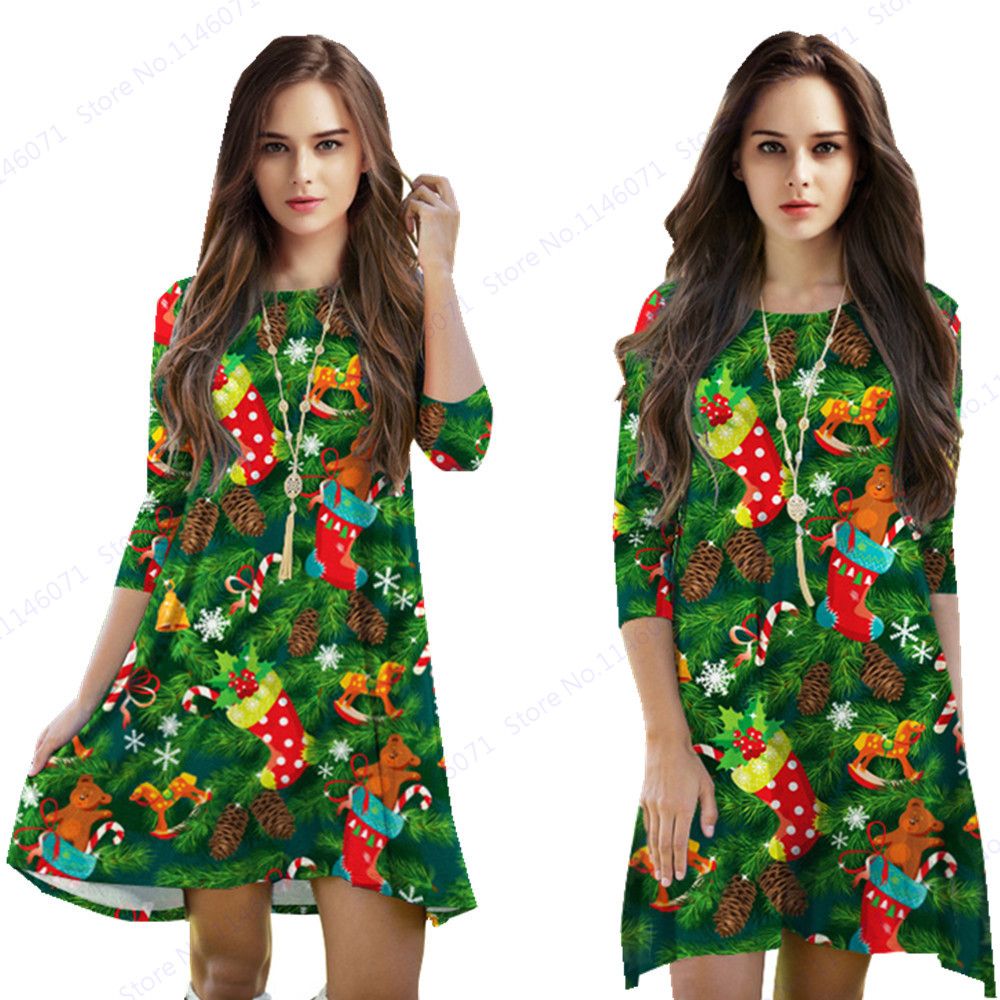 Green Christmas Tree Sport Tennis Dress For Womens Red Christmas Stocking Dresses Autumn Winter Three Quarter Sleeves Midi Dress Dress Designers Plus Size