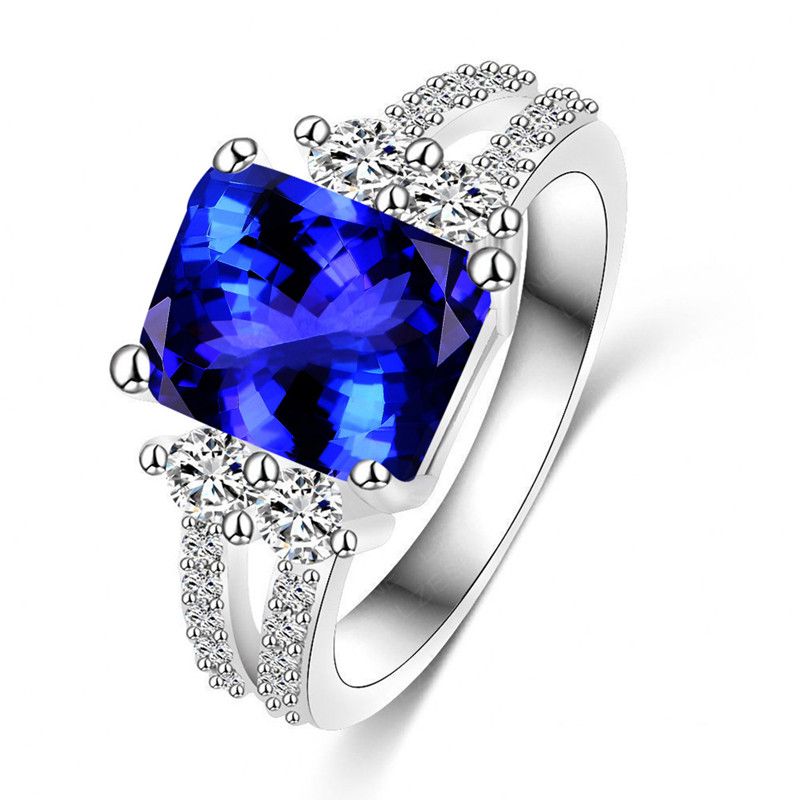 Luxury Blue Bride Ring For Women 18K White Gold Plated AAA Blue Diamond ...