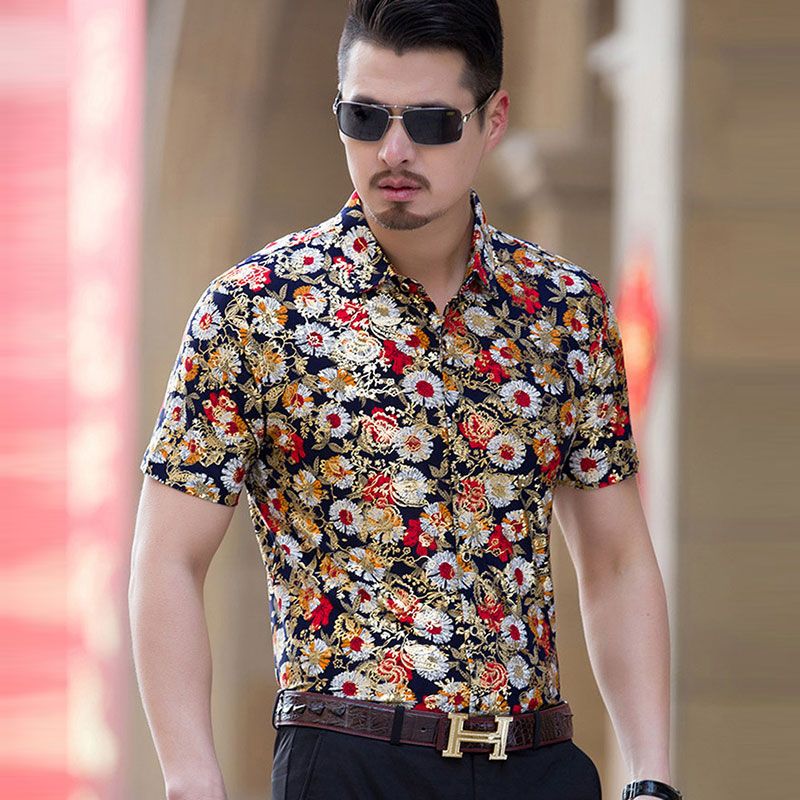 Luxury Shirts Men Brand Male Gold Fancy Shirts Short Sleeve Man Casual ...