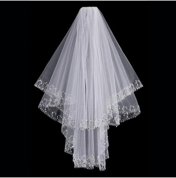 Veil de mariage à la main en perles brillante à la main 2 couches de tulle courte blanc / ivoire voiles de mariée 2019 Meilleure vente