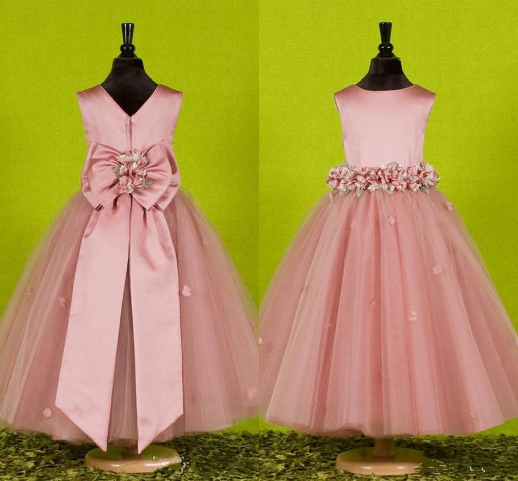 pink satin flower girl dress