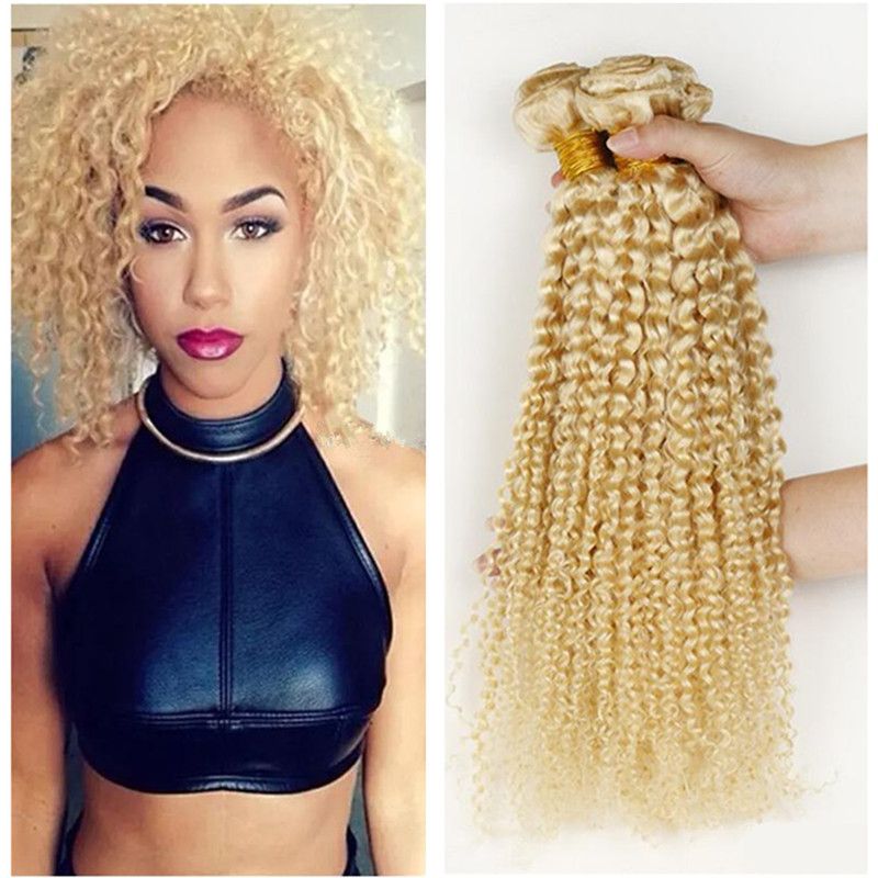 2019 Premium 613 Platinum Blonde Brazilian Hair Wefts Kinky Curly Human