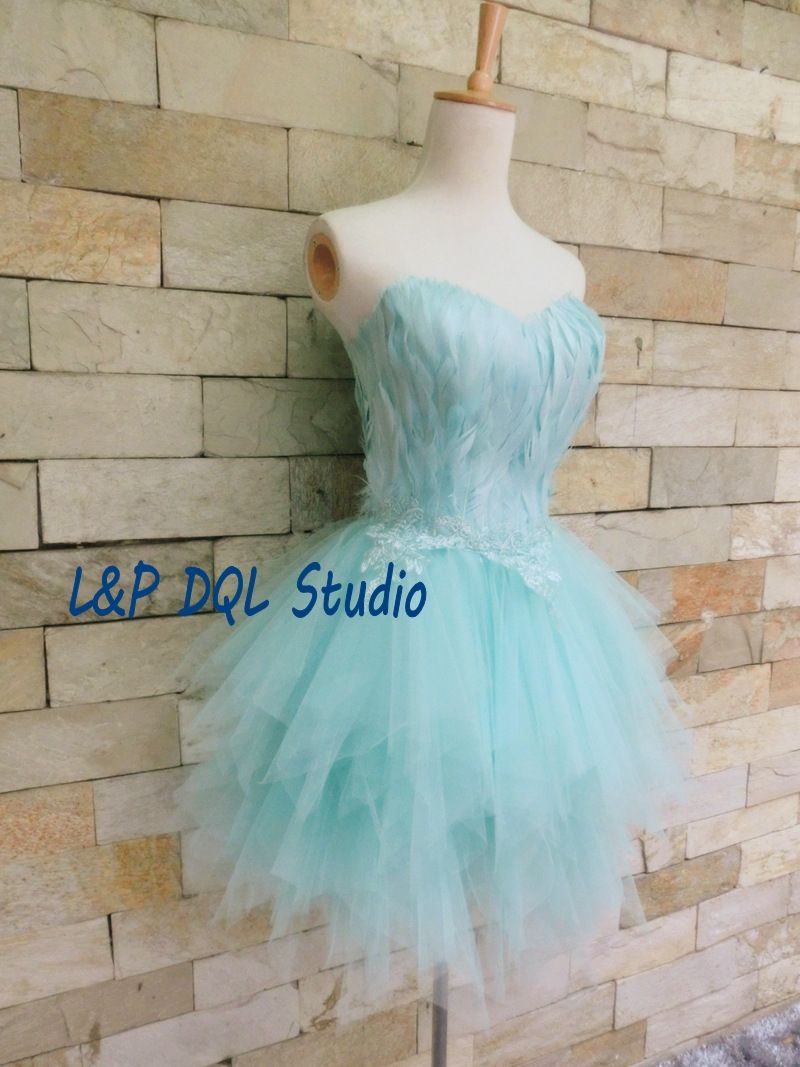 Fairy Light Blue Feathers Prom Dresses Knee Length Pleats Tulle Party