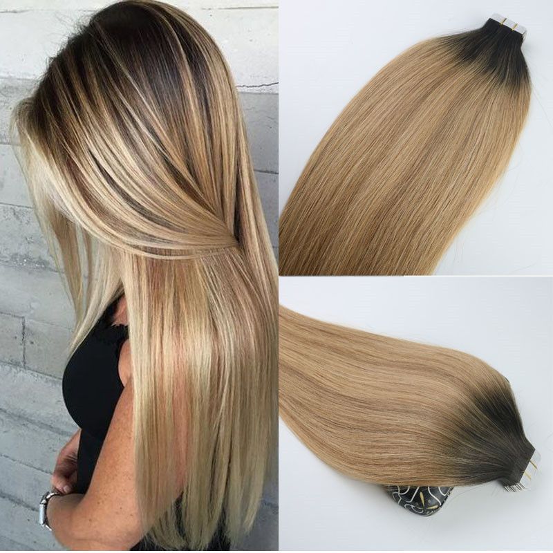 Tape In Human Hair Extensions Ombre Hair Brazilian Virgin Hair Balayage Dark Brown To 27 Blonde Extensions Highlight Skin Weft Human Hair Curly Weave