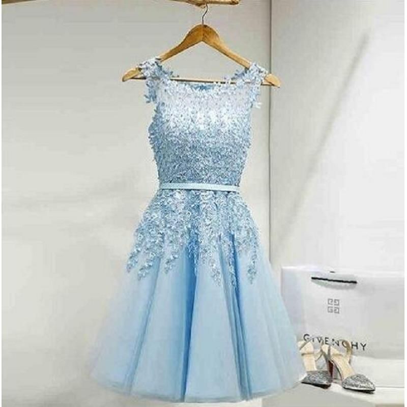Homecoming Azul Vestidos Tul Apliques Cielo De Luz Sheer Compre 5xX4R