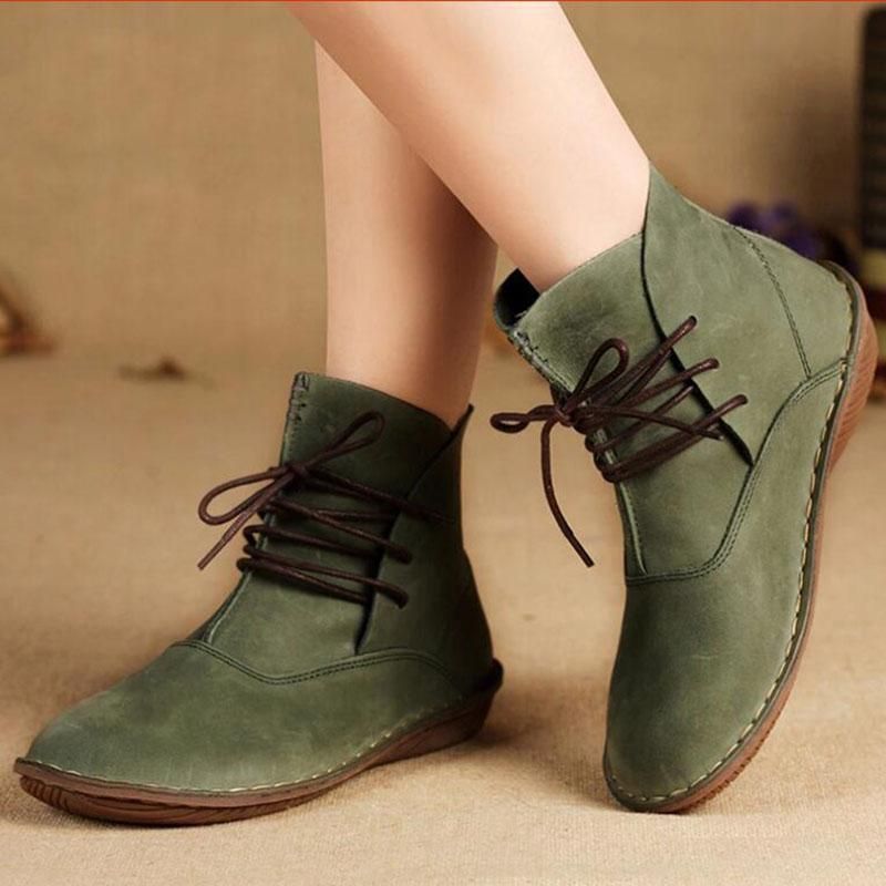 Women Cow Leather Ankle Boots Lace Up Single Shoes Retro 