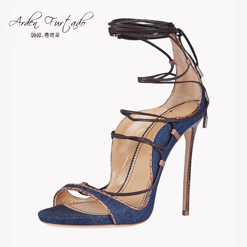2017 summer jeans sandals girls high heels peep toe ankle strap