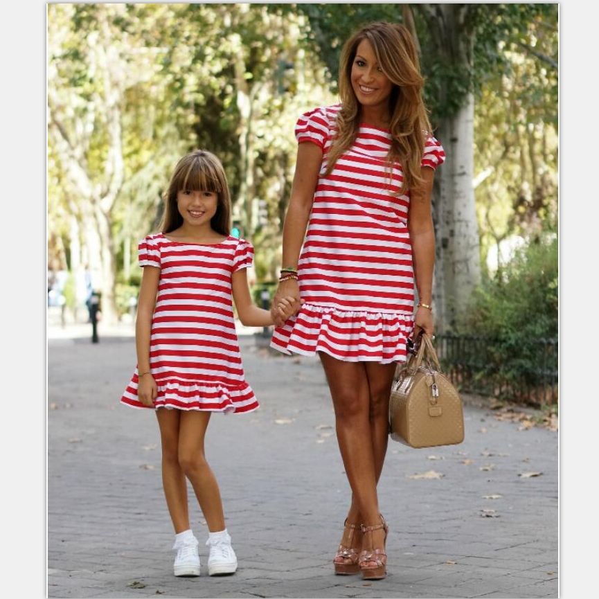 Mother Daughter Dress 2017 Summer New Short Sleeved Red White Striped
