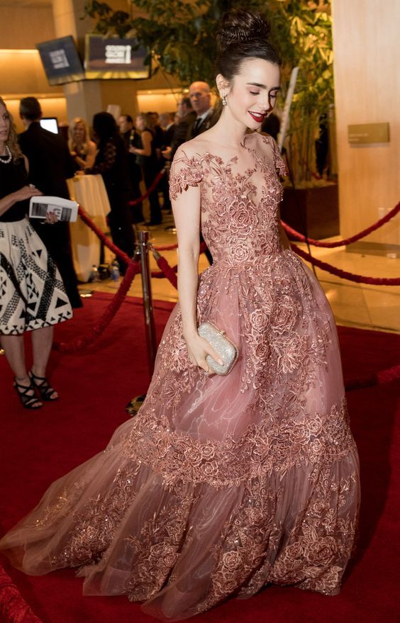 lily collins red carpet dress
