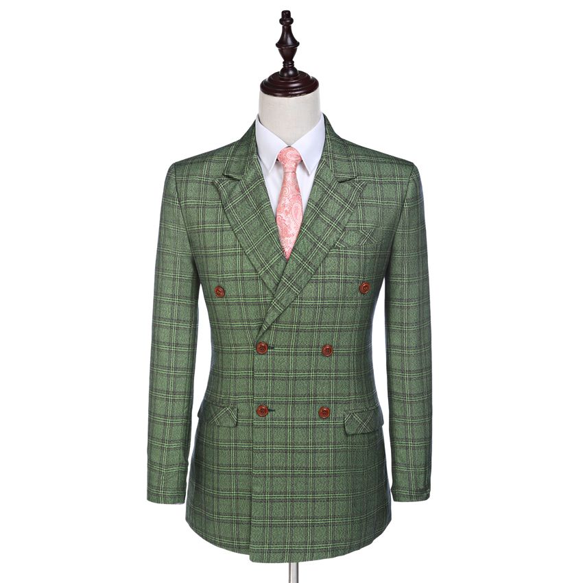 New Design Green Glen Plaid Groom Tuxedos Tweed Suits Groomsman Suit Custom Made Man Suit Double Breasted Wedding suit 2 Psc