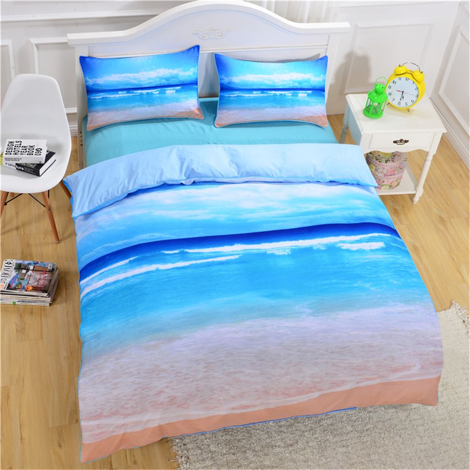 Nice Light Blue Ocean Beach Reactive Printing Bedding Set Twin Full Nice Light Blue Ocean Beach Reactive Printing Bedding Set Twin Full Queen King Size Bedroom Decoration Duvet Cover Pillow Shams 400tc Comforter Sets