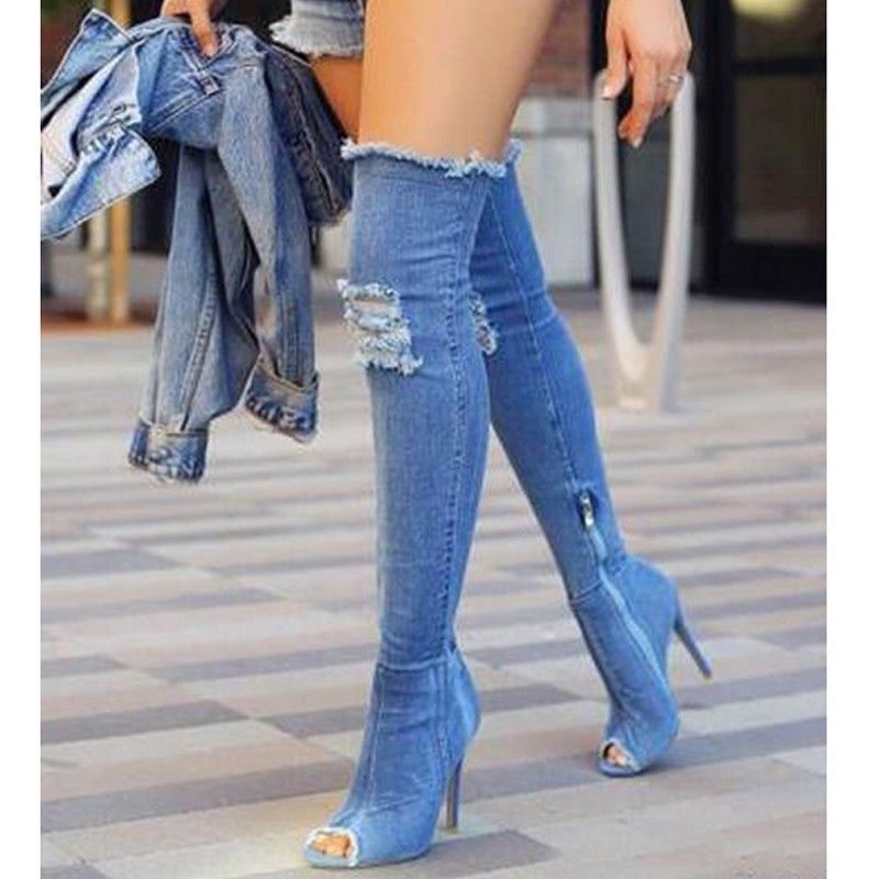 2017 Runway Fashion Blue Denim Over The Knee Boots Sexy Peep Toe High