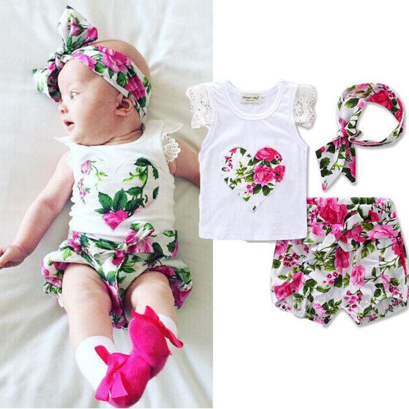 Little Girls Boutique Floral Summer Baby Girls Clothing Set Lace Ruffle