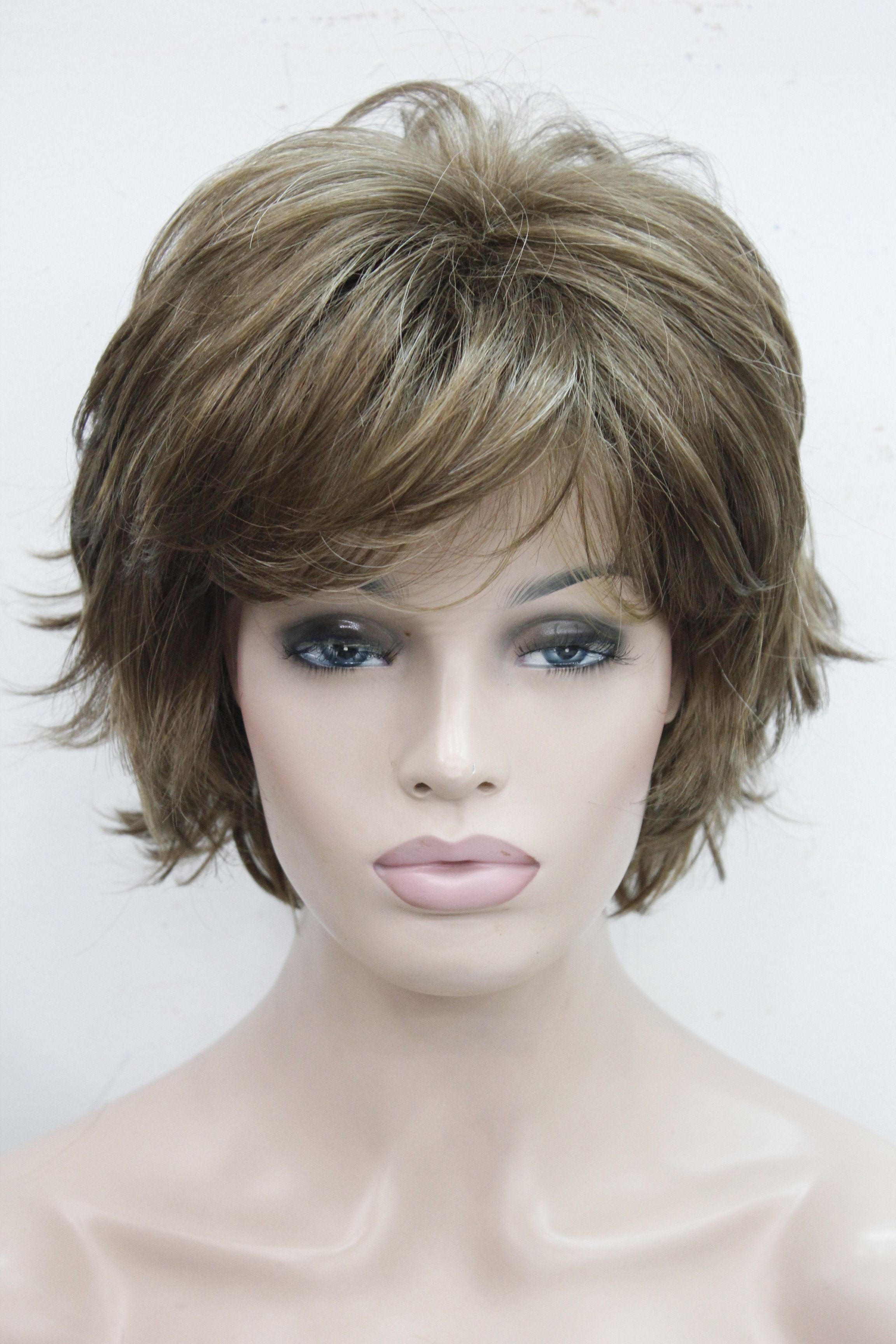 free shipping super light brown with blonde highlight highlights wavy flip  ends lady synthetic short wig