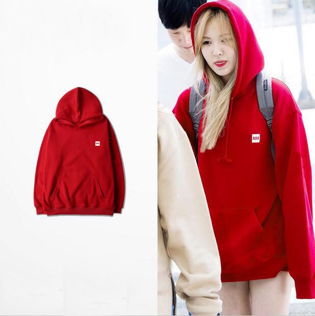2018 High Quality Loose Korean Style Couple Hoodie Plain Red Black For ...