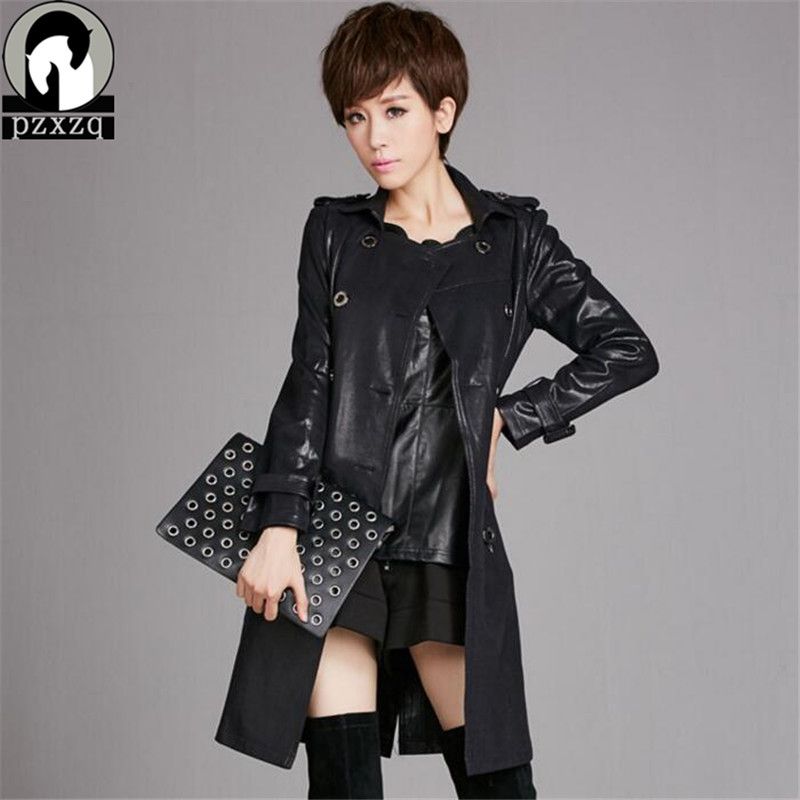 2018 Brand New Leather Jacket Women Top Fashion Slim Pu Velvet Belt Las Faux Synthetic Long Trench Coat Female