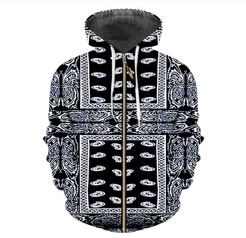 2020 Fall Men'S 3d Print Black Bandana Hoodies Paisley Sweatshirt Male