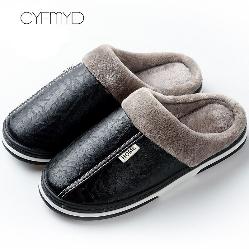 men slippers leather winter warm house slippers waterproof 2018 brand anti  dirty plush male shoes non-slip plus size 7.5-16