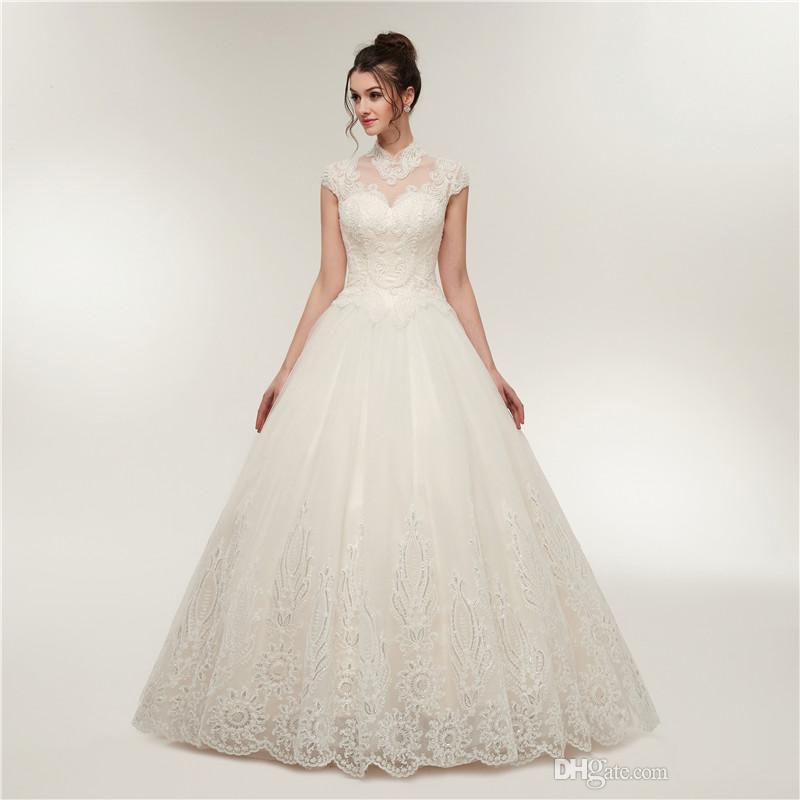 Borje High Collar Pears Long Train Wedding Dress Bridal Gown