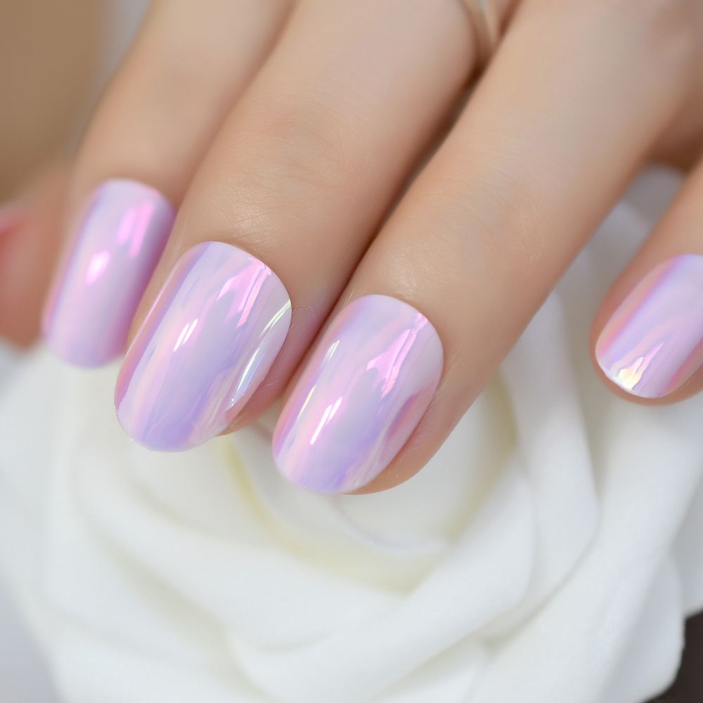 Pink Iridescent Nail Polish iridescent pink instant nails chrome mirror fake nails oval short nail art tips diy manicure material 24 count young nails natural nails from xiatian3