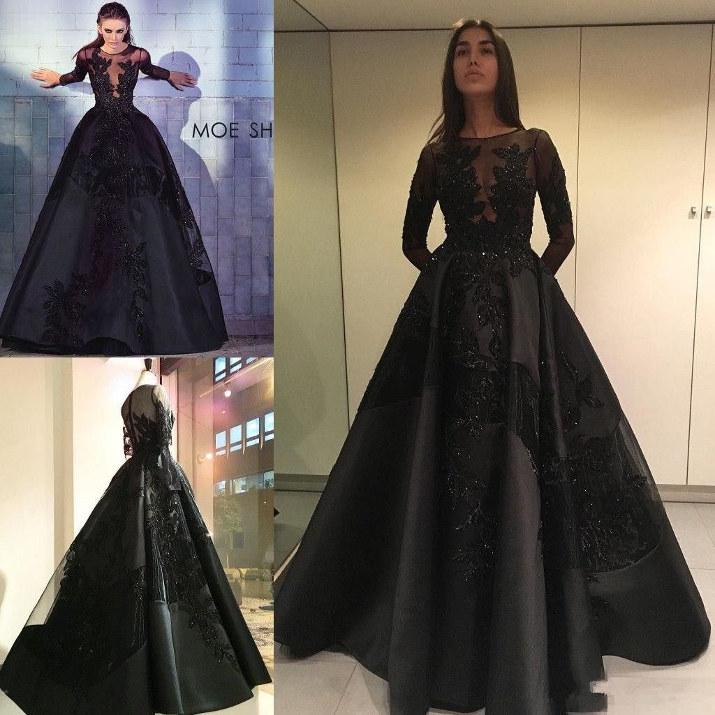 2019 Long  Sleeve  Black  Prom  Dresses  Lace Applique Beads 