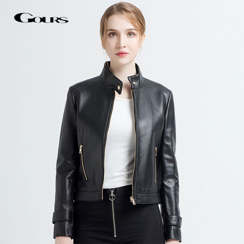 Gours Genuine Leather Jackets For Women Fashion Short Motorcycle Jacket Black Classic Punk Style Las Sheepskin Coats 68025
