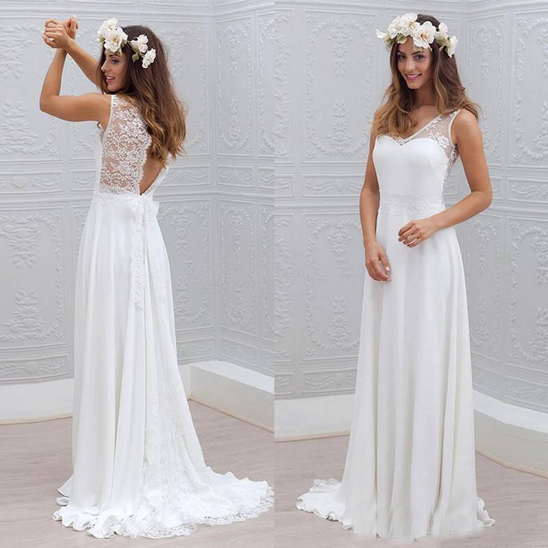compre largos vestidos de novia de playa baratos 2018 una línea de