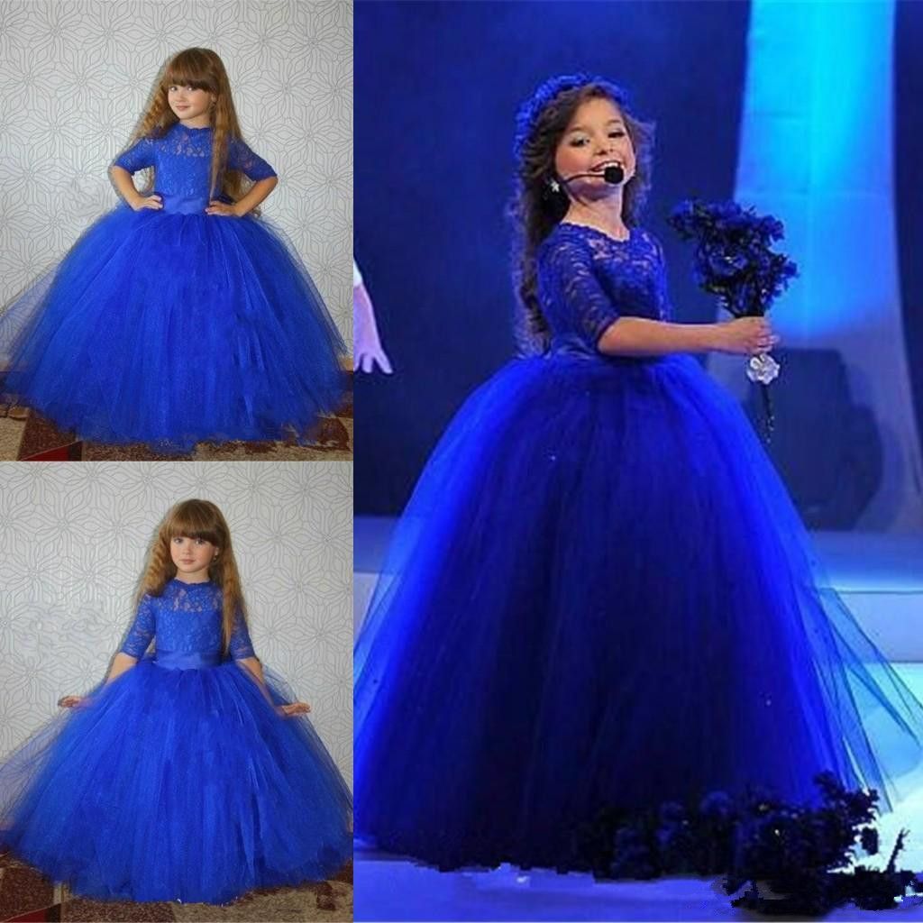 Royal Blue Ball Gown Flower Girl Dresses Half Sleeve Lace Appliques ...