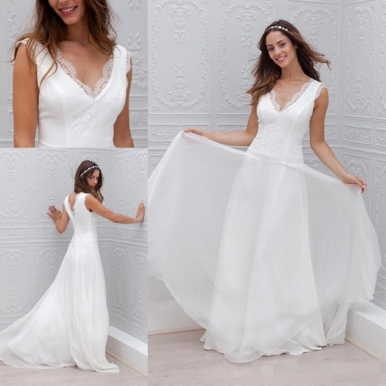 Discount Simple V Neck Lace Wedding Dresses Cheap Zipper Back Long