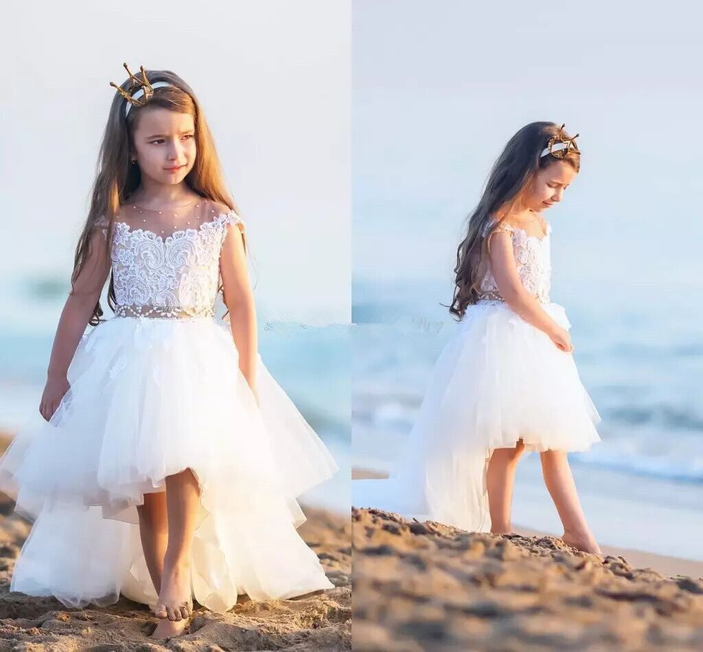 Elegant Lace Flower Girls Dresses For Weddings Sheer Crew Pearls Elegant Lace Flower Girls Dresses For Weddings Sheer Crew Pearls