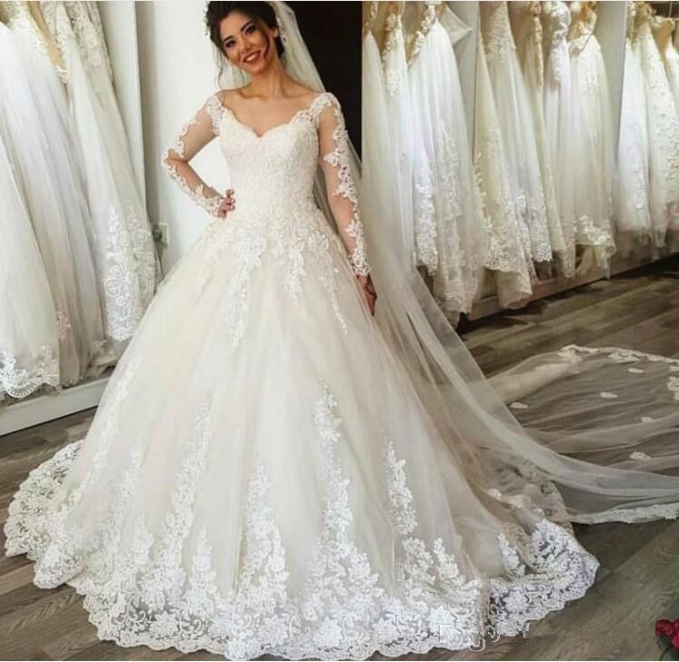 Discount Long Sleeve Wedding  Dresses  2019  Modest V Neck 