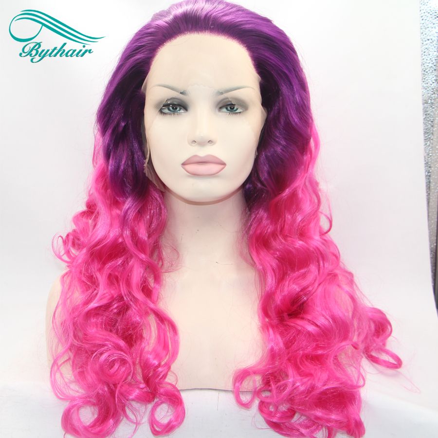 Bythairshop Long Body Wave Ombre Purple Red Color Synthetic Lace