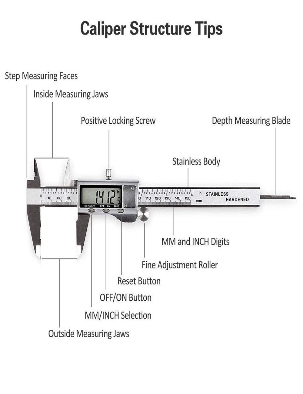 Digital Vernier Caliper With Extra Large LCD Screen, Stainless Steel