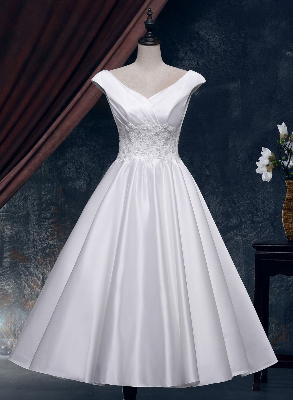 Discount Tea Length Satin Wedding Dresses Vintage Wedding Dress With ...