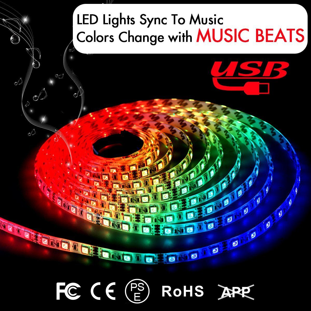 Music LED Strip Lights 6.6FT/2M 5V USB Powered Light Strip 5050 RGB Light Color Changing With